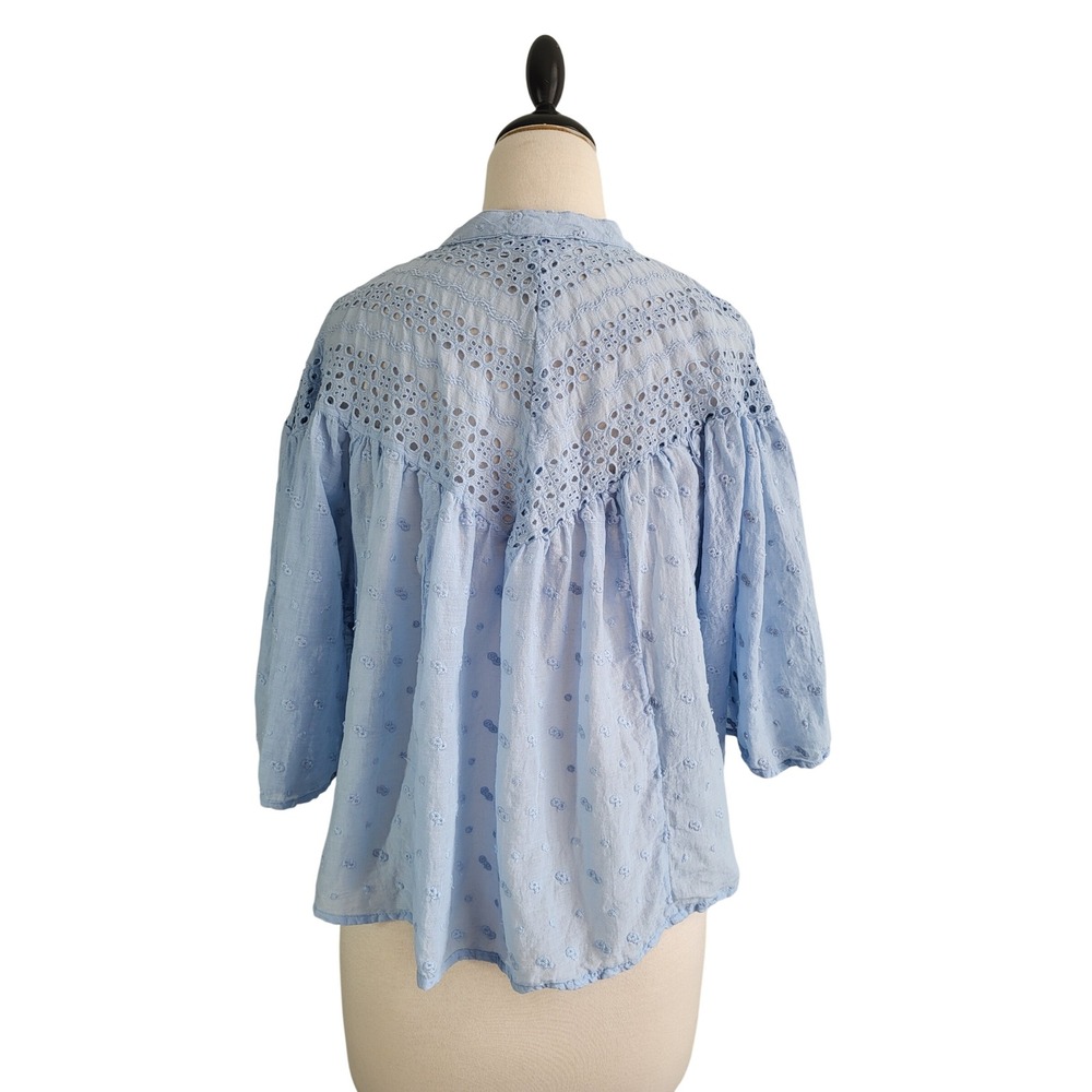 Calypso St Barth Swiss Dot Embroidered Blue Eyelet Lace Cotton Blouse Large Boho - Picture 7 of 13